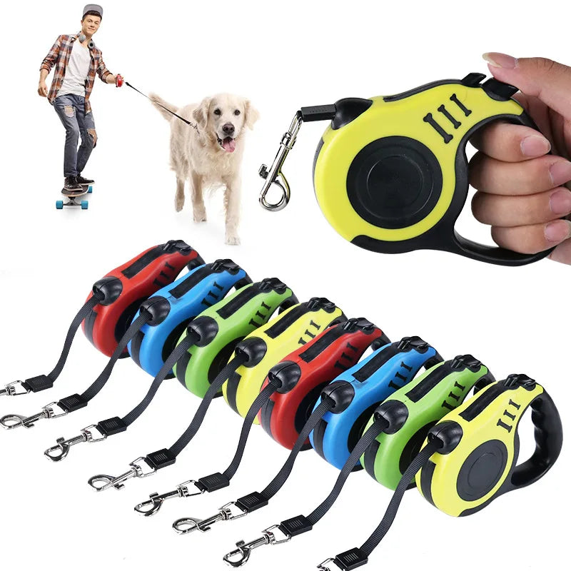 Coleira de cachorro retrátil de 3 metros e 5 metros, correia de corda de tração para animais de estimação, trela flexível automática para produtos para cães pequenos, médios e grandes