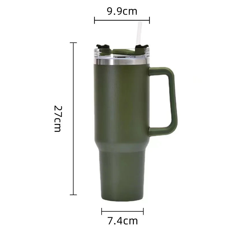 Copo de isolamento de café de palha de 40 onças com alça portátil carro garrafa de água de aço inoxidável de grande capacidade caneca térmica sem BPA para viagem